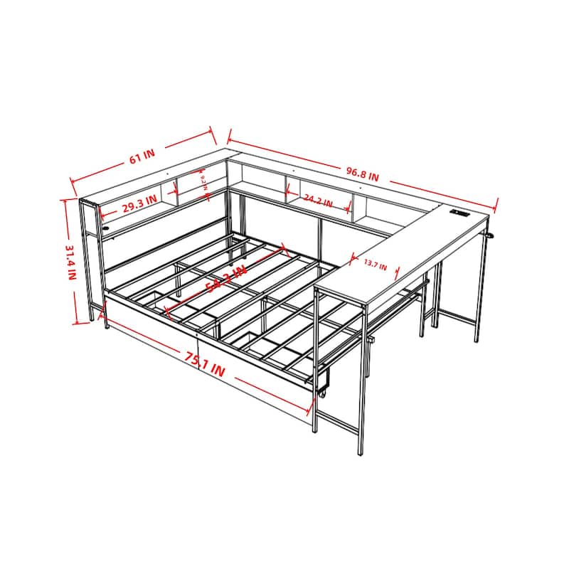 Corner Bed Frame Full Size with 2 Underbed Storage Drawers, LED Light & Charging Station