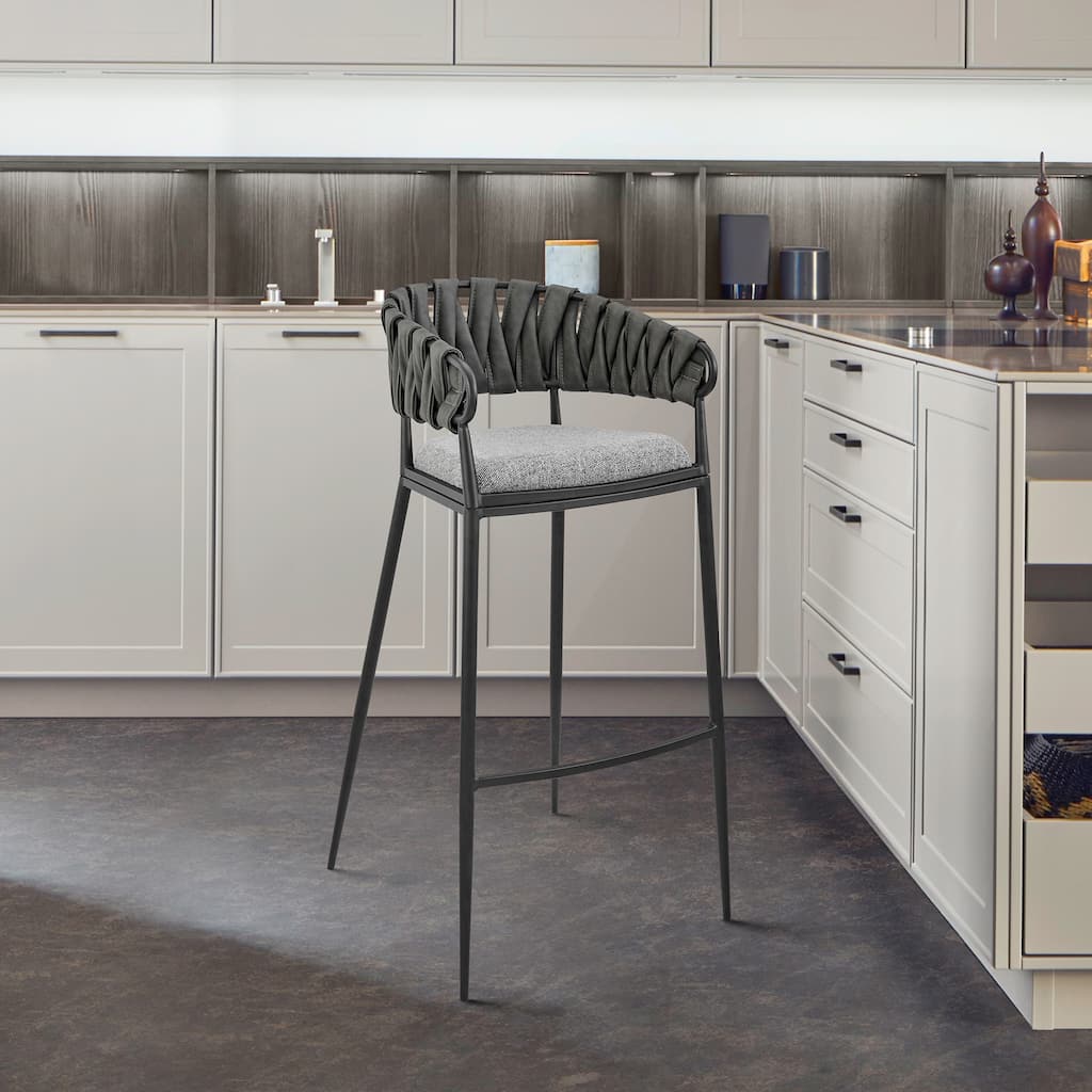 Vigona Modern Bar/Counter Stool in Black Metal with Grey Faux Leather and Fabric