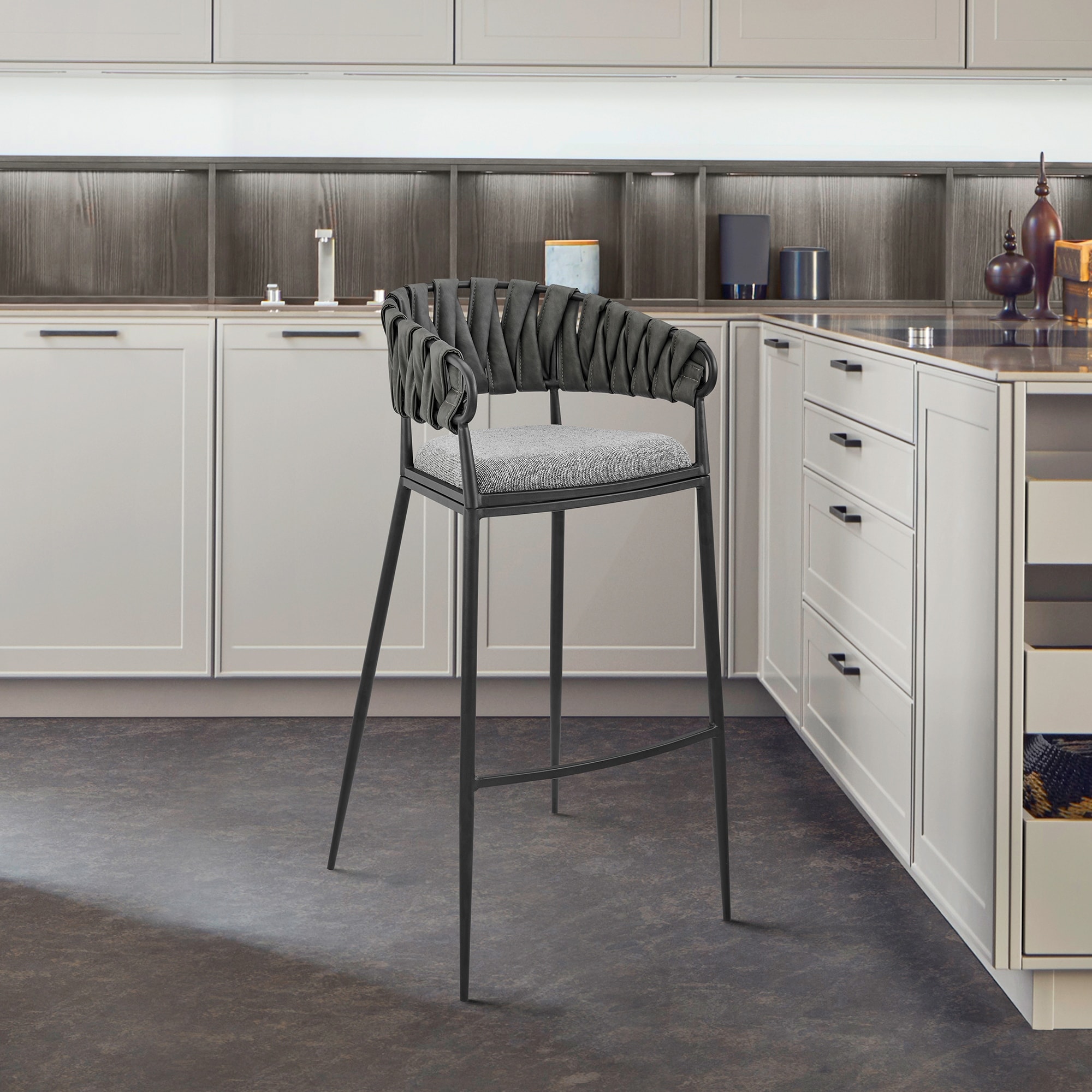 Vigona Modern Bar/Counter Stool in Black Metal with Grey Faux Leather and Fabric