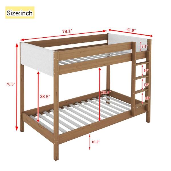 Twin Over Twin Solid Wood Bunk Bed with Teddy Fleece Panels, with Ladder & Guardrails, Underbed Storage Space