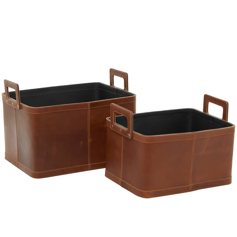 Sleek Leather Modern Storage Basket with Handles (Set of 2) - Dark Blue or Brown
