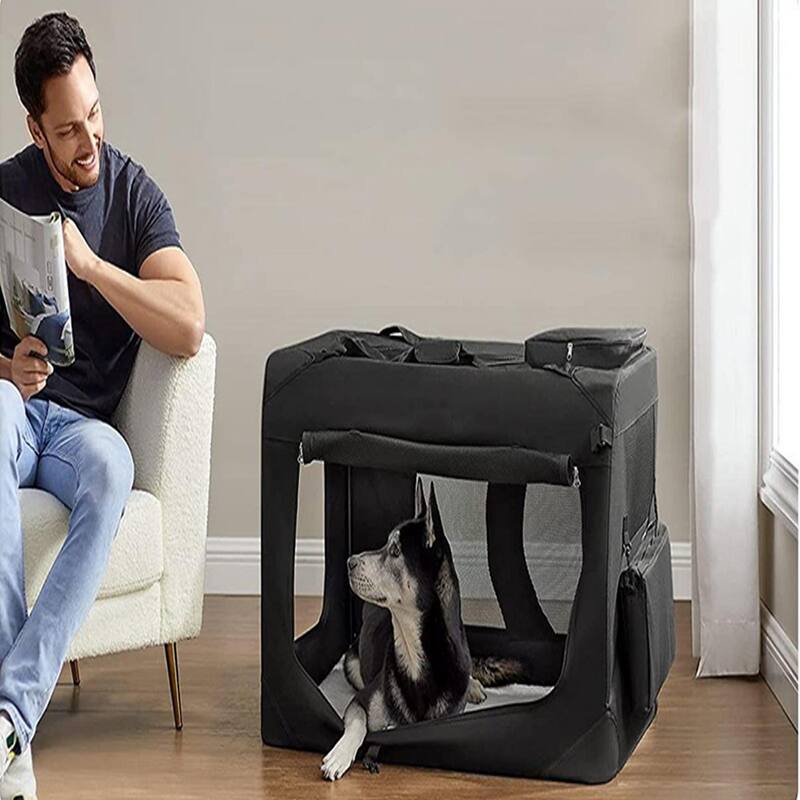 Black Portable Collapsible Pet Crate with Metal Frame and Handle, Storage Pockets