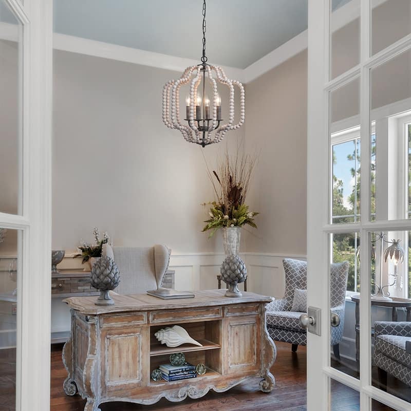 OYIPRO 4-Light Farmhouse Geometric Chandelier with Wood Beads