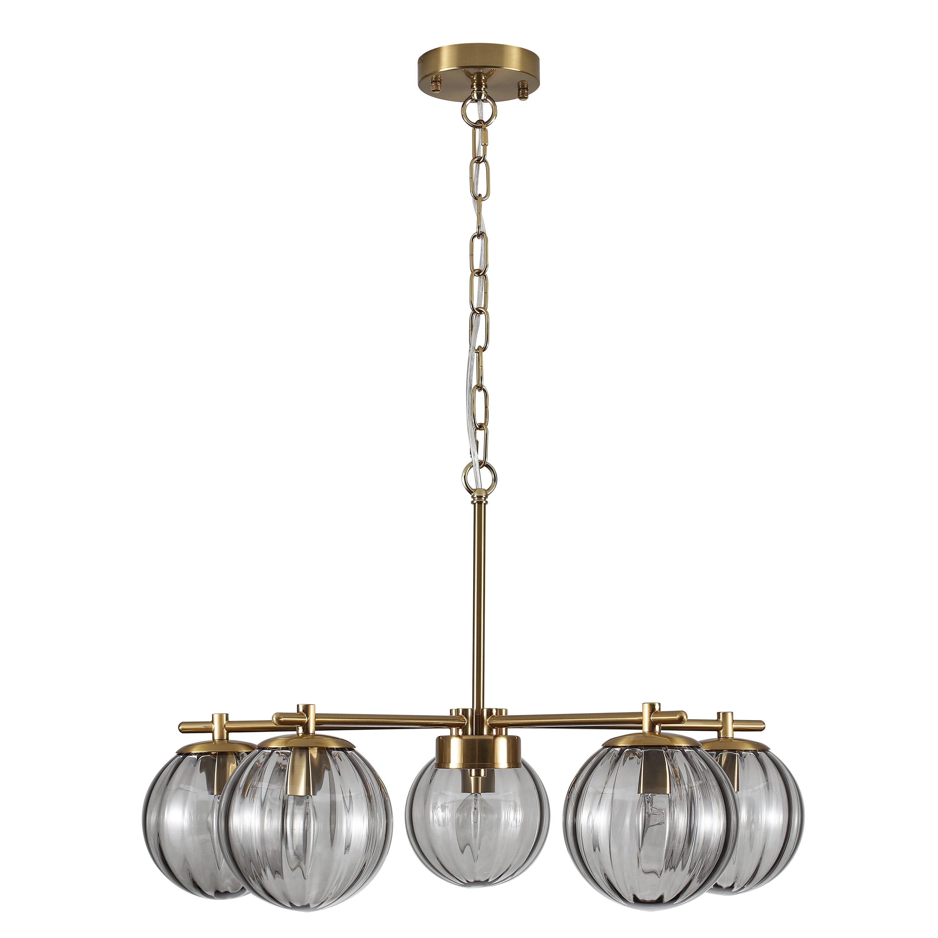 Mid-Century Modern 5-Light Globe Chandelier with Adjustable Chain, Textured Glass Shades - Brushed Gold