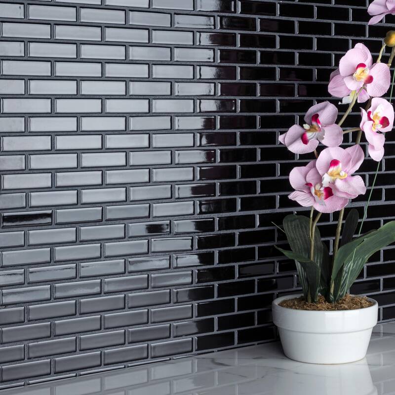 Merola Tile Metro Brick Subway Glossy Black 11-1/2" x 11-3/4" Porcelain Mosaic Floor and Wall Tile