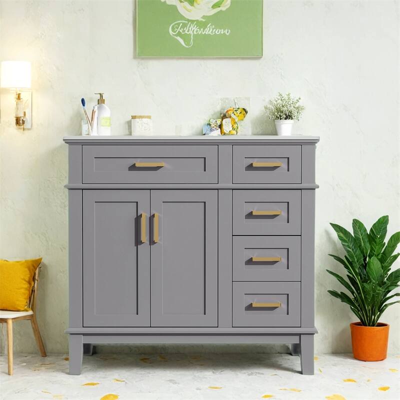 36" Modern Bathroom Vanity w/Ceramic Sink,Soft Close Doors,4 Drawers