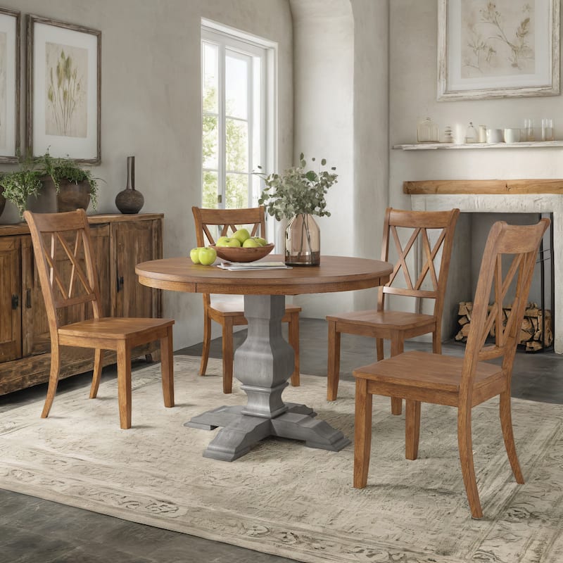 Ronda 45" Round Solid Wood Top Dining Set with X-Back Chairs - Antique Grey Table - Oak Chairs w Antique Grey Table