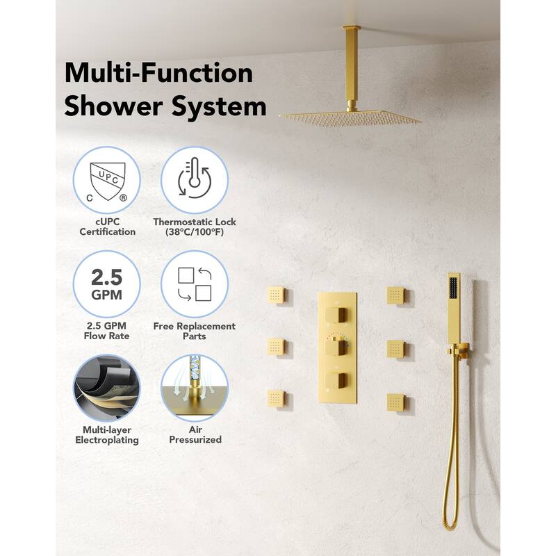 Thermostatic Shower System 12" Rain Shower Head with High Pressure Handheld Spray
