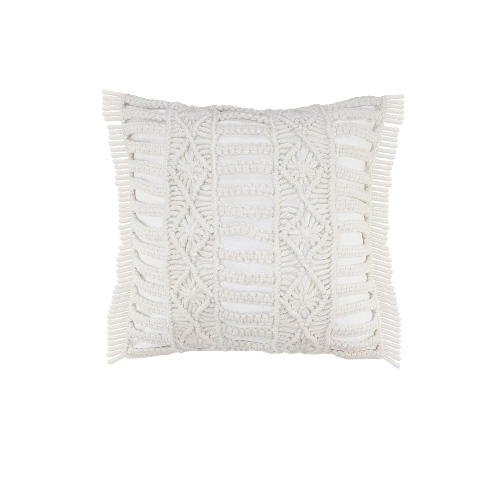 24" White Macrame Outdoor Square Throw Pillow