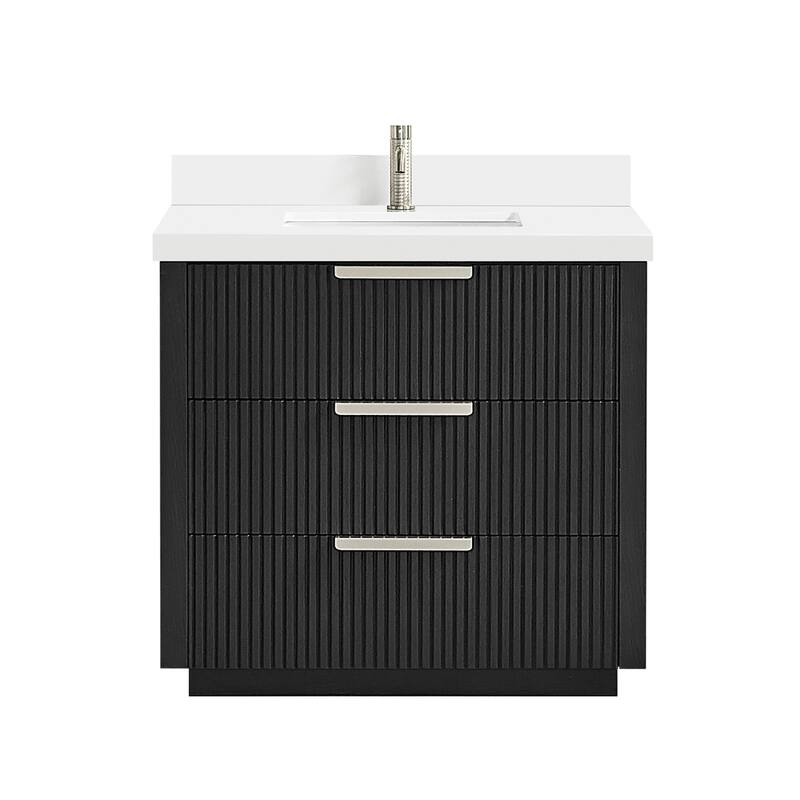 Santarem Single Vanity with Pure White Quartz Stone Top without Mirror - 36" - Oak Weathered Black