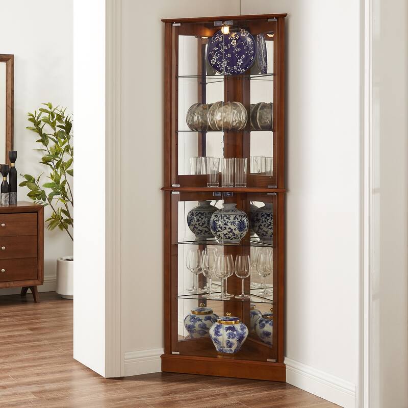 Corner Curio Cabinet with Lights, Floor Standing Display Cabinet with Adjustable Tempered Glass Shelves & Mirrored Back - Walnut