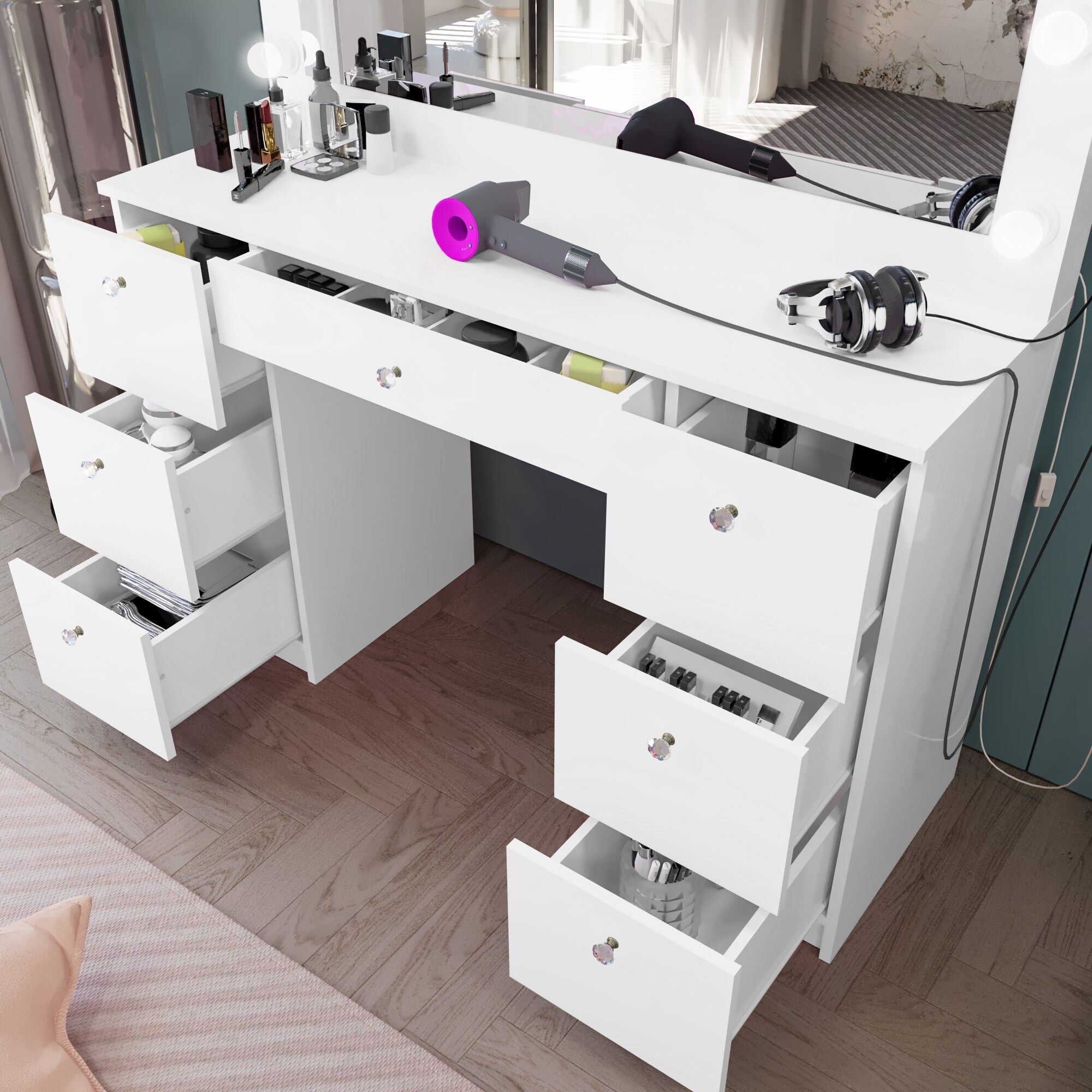 Boahaus matilda modern vanity table with mirror and on sale 5 drawers