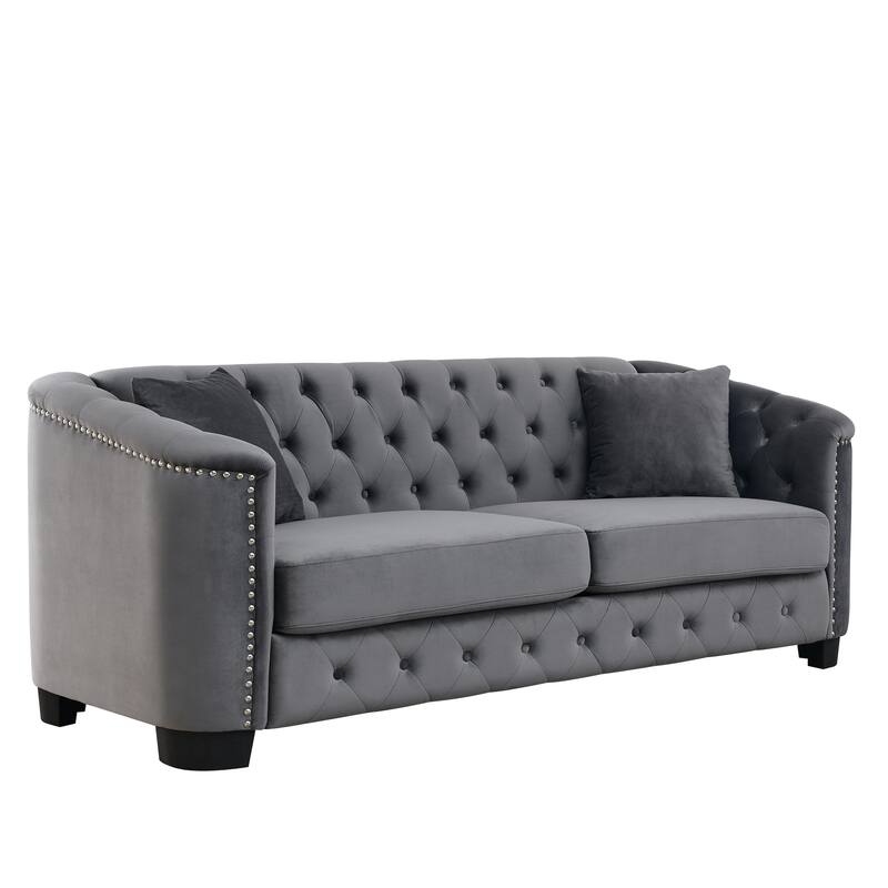 Velvet Chesterfield Upholstered Sofa, Lounge Sofa with Tufted Backrests, 3 Seater Sofa with Nailhead Arms & 2 Cushions