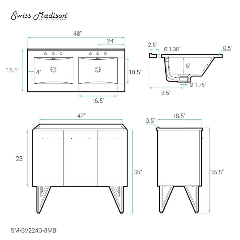 Swiss Madison SM-BV224D-3MB Annecy 48" Free Standing Double Basin