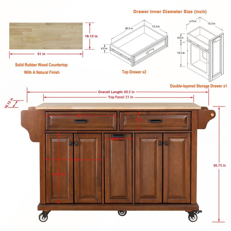 Kitchen Island with Rubber wood Countertop