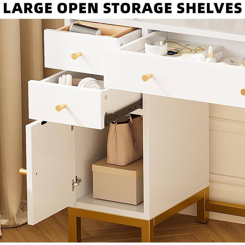 Large Makeup Vanity with Charging Station and Storage Cabinet