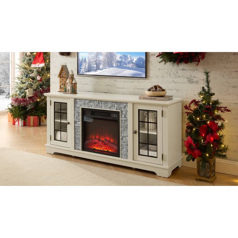 GDFStudio Eulalia Wood 2-Door Storage TV Stand with Faux Stone Mantle