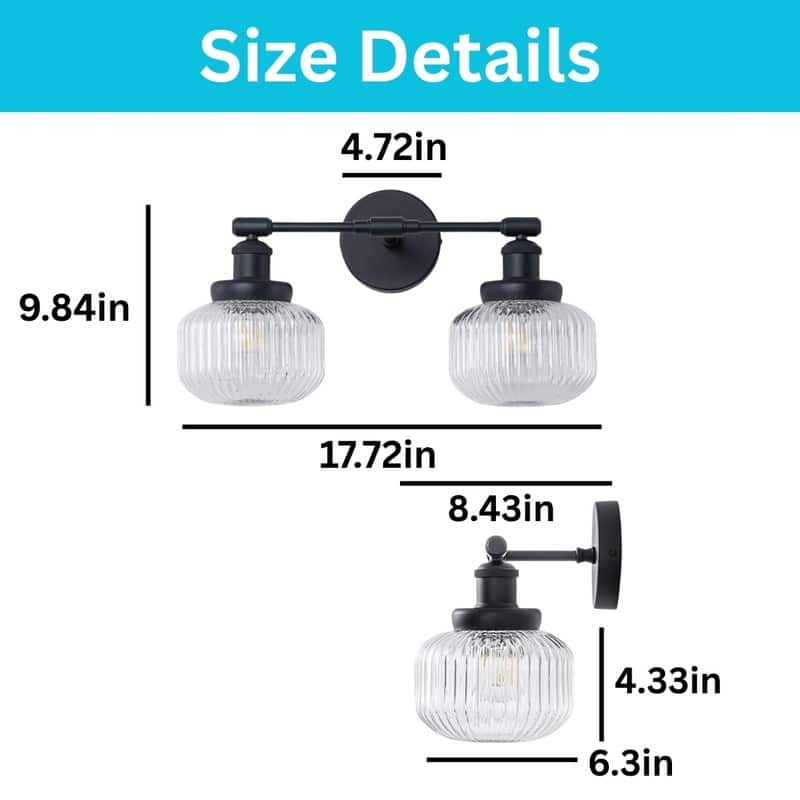 2 Light bulb lights black wall sconce glass, metal wall lights