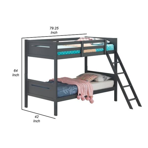 Amey Wood Twin Bunk Bed with Angled Ladder, Guardrail, Slat Kit, Gray