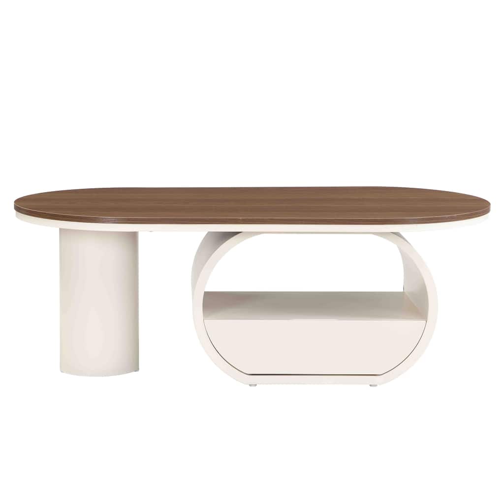 Luxury Oval Coffee Table 47.24 Inch Coffee Table White Metal Coffee Table with Storage Drawer and Shelf, for Living Room