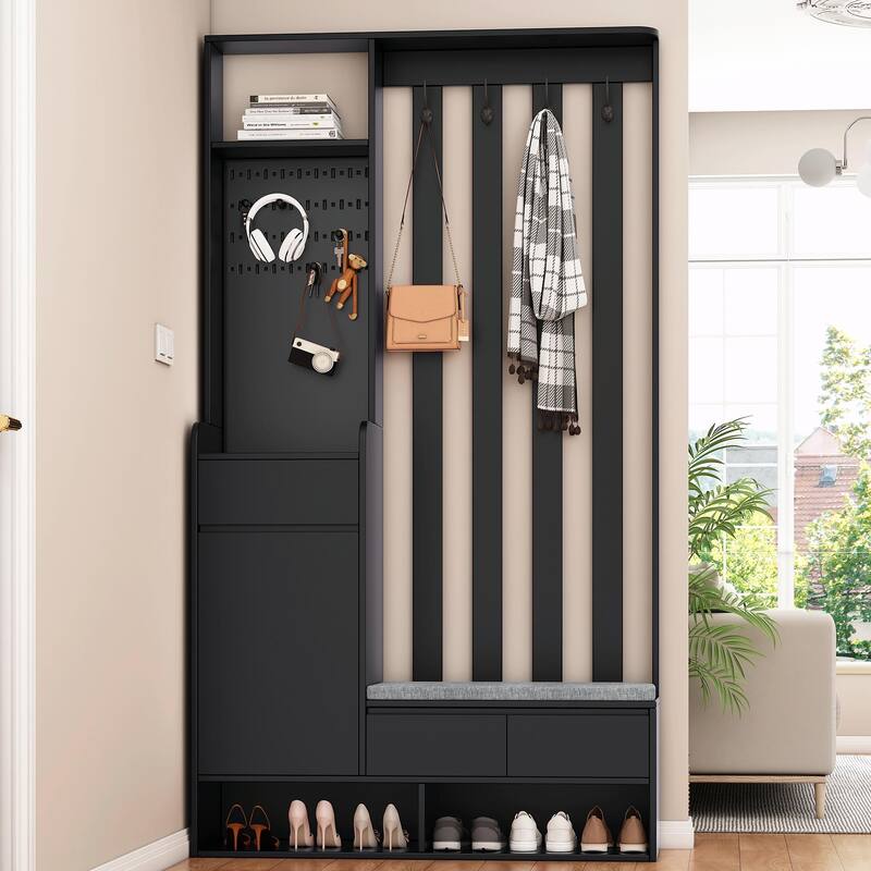 70.8"H Hall Tree with Cushioned Bench, Shoe Cabinet, Pegboard and 4 Hooks