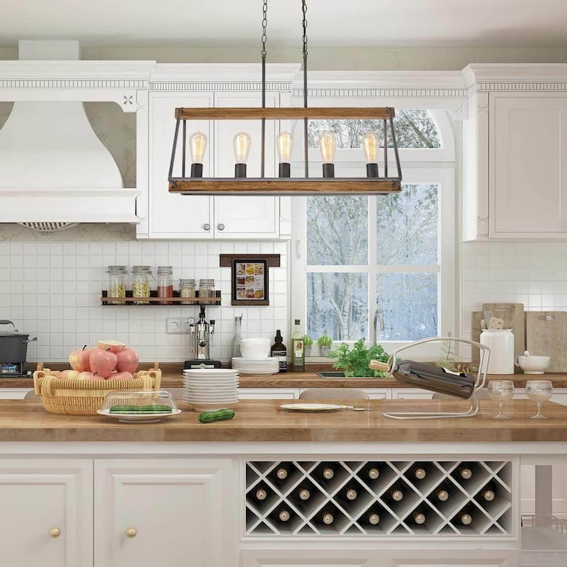 Farmhouse 5-Light Linear Chandelier Wood Grain Island Pendant for Kitchen Island Dining Room