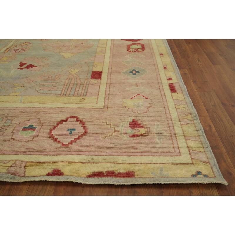 Vegetable Dye Wool Oushak Turkish Area Rug, Floral Geometric Carpet - 12' 6'' X 10' 2''