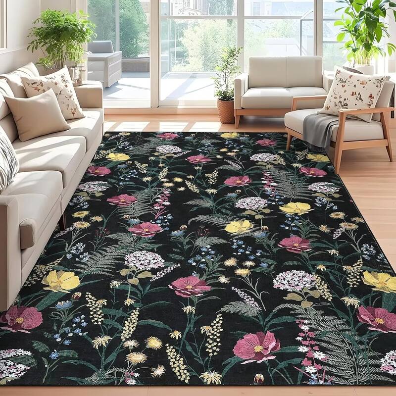 Modern Living Room Rugs Floral Rustic Area Rug Soft Foldable Accent Rug Low Pile Non-Slip Rug for Dining Room Office - 9'x12' - Black