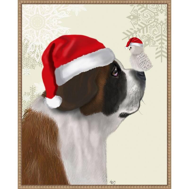 Christmas St Bernard and Fluffy Owl by Fab Funky (23 x 28 in.), Framed Canvas Wall Art Print - Sylvie Beaded Rustic Natural