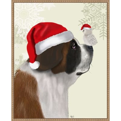Christmas St Bernard and Fluffy Owl by Fab Funky (23 x 28 in.), Framed Canvas Wall Art Print - Sylvie Beaded Rustic Natural