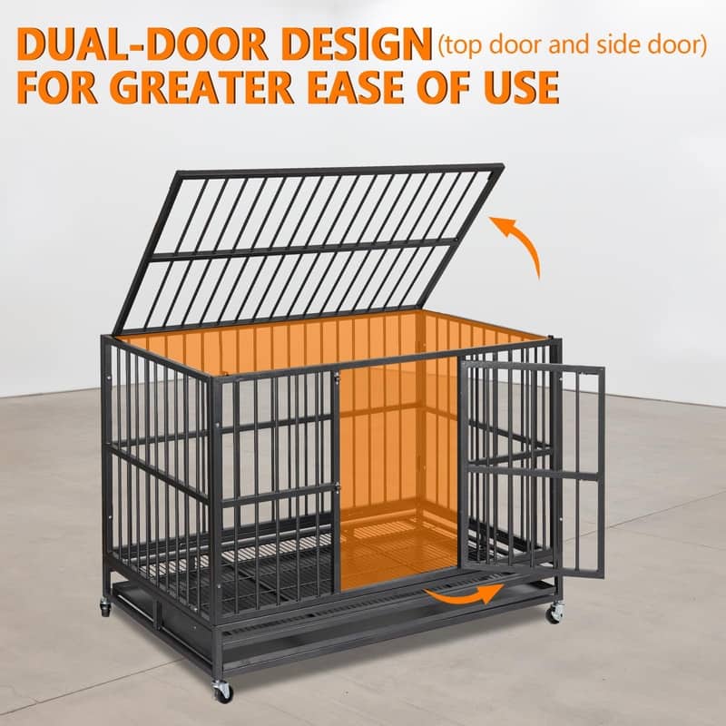 Large Indestructible Steel Dog Crate EscapeProof Kennel with 360° Wheels Top Opening