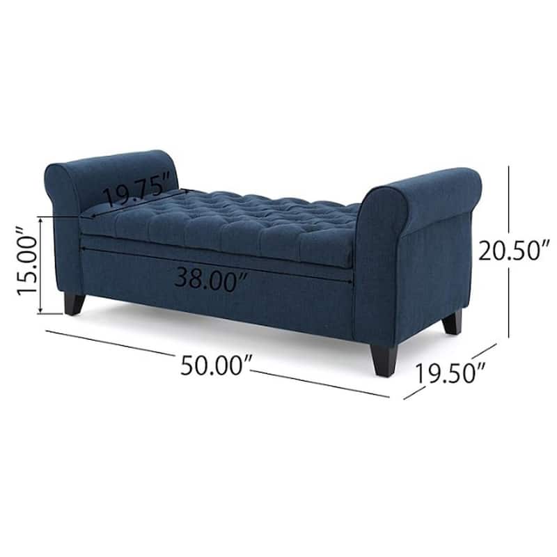 Shawn Storage Bench with Rolled Arms, 50 Inch Button Tufted, Dark Blue