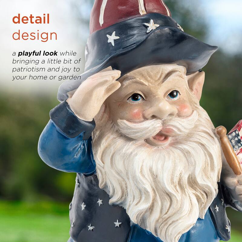 Alpine Corporation 12" Tall Outdoor Patriotic Garden Gnome Saluting Yard Statue Decoration