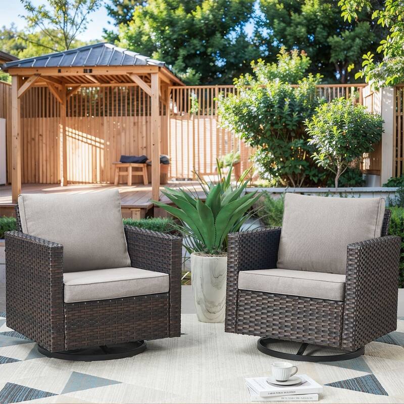 Pocassy Patio Swivel Chair with Soft Cushion - Brown Wicker Beige Cushion - 2PCS Swivel Chairs