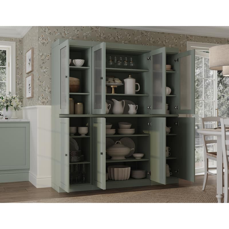 100% Solid Wood 65" Pantry China Cabinet with Solid, Frosted Glass Doors and Adjustable Shelves