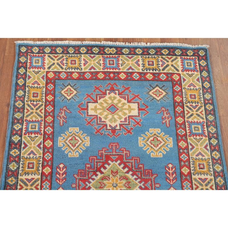 Blue Geometric Kazak Accent Rug Hand-Knotted Bedroom Wool Carpet - 2'7" x 4'0"