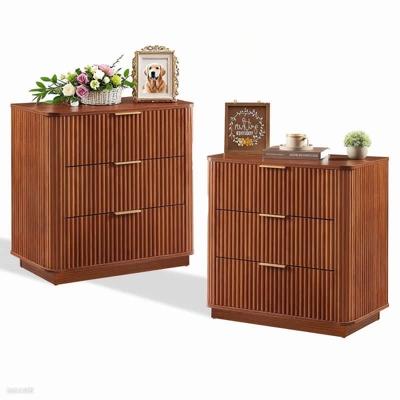 Modern Fluted 3-Drawer Dresser Nightstand with Easy Clean Waterproof Surface (Set of 2) - Walnut
