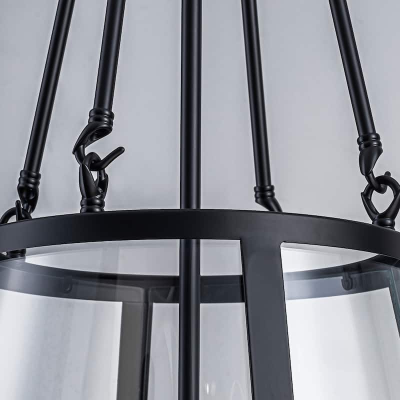 4-Light Black Farmhouse Clear Glass Drum Pendant Light