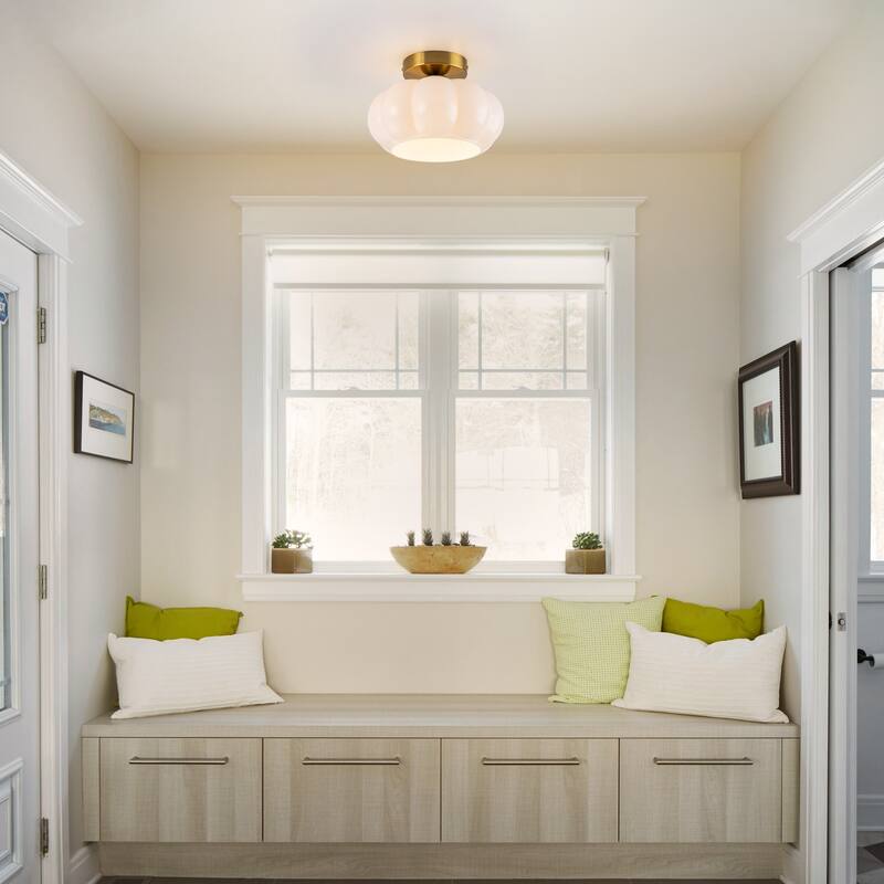 Contemporary 1-Light Dome Ceiling Light with Opal Glass Shape - Brass - 9.8" W × 6.5" H