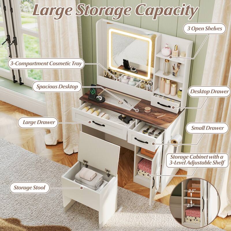 Vanity Desk and Stool Set with Lighted Mirror Built in Charging Station and Storage Drawers White Walnut - 35.5" x 16" x 55"