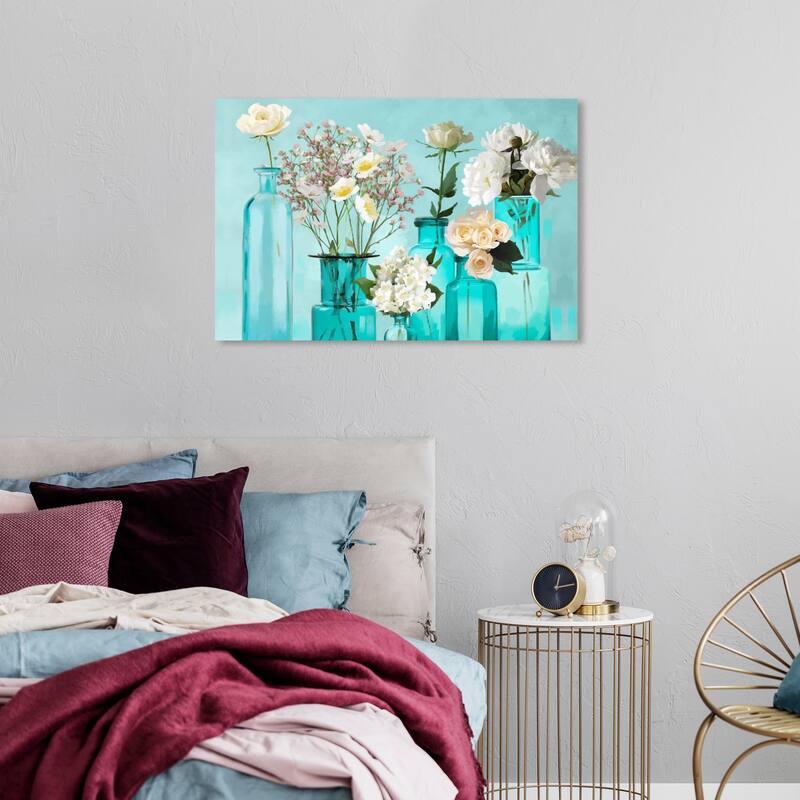 Wynwood Studio Canvas Floral and Botanical Glassy Teal Flowers Blue and Turquoise Modern & Contemporary Wall Art Canvas Print - 24 x 36
