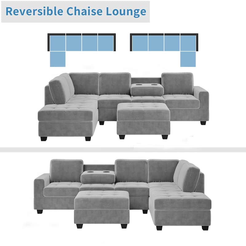 112-inch Modern L-shaped Sectional Sofa with Reversible Chaise, Storage Ottoman and Two Cup Holders - 112"W x 80"D x 33.7"H