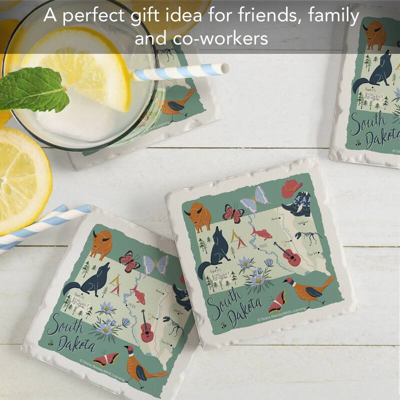 South Dakota Home 4-Pack Absorbent Stone Coasters with Protective Cork Backing 4" Square Made in The USA Easily Wipes Clean