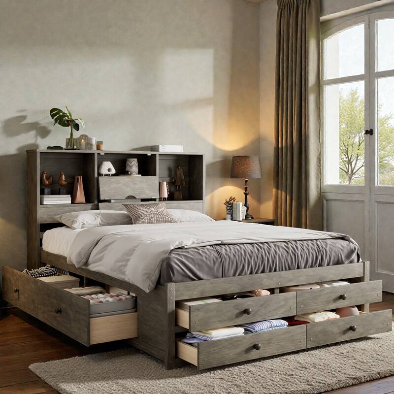 Platform Bed with Headboard Storage and 8 Drawers, Wood Bed Frame with Shelves and No Box Spring Needed