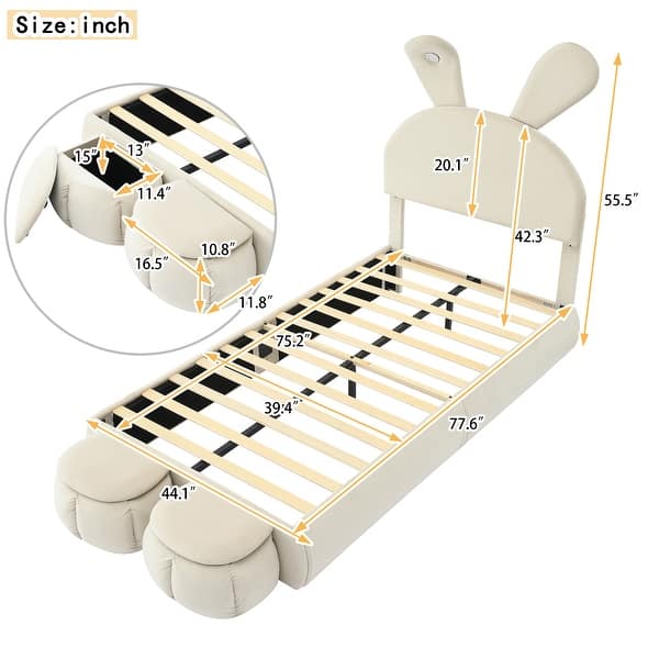 dimension image slide 1 of 2, Twin Size Velvet Upholstered Platform Bed w/ Cartoon Ears Shaped Headboard & Light, Kids Cute Bed Frame w/2 Small Storage Stools