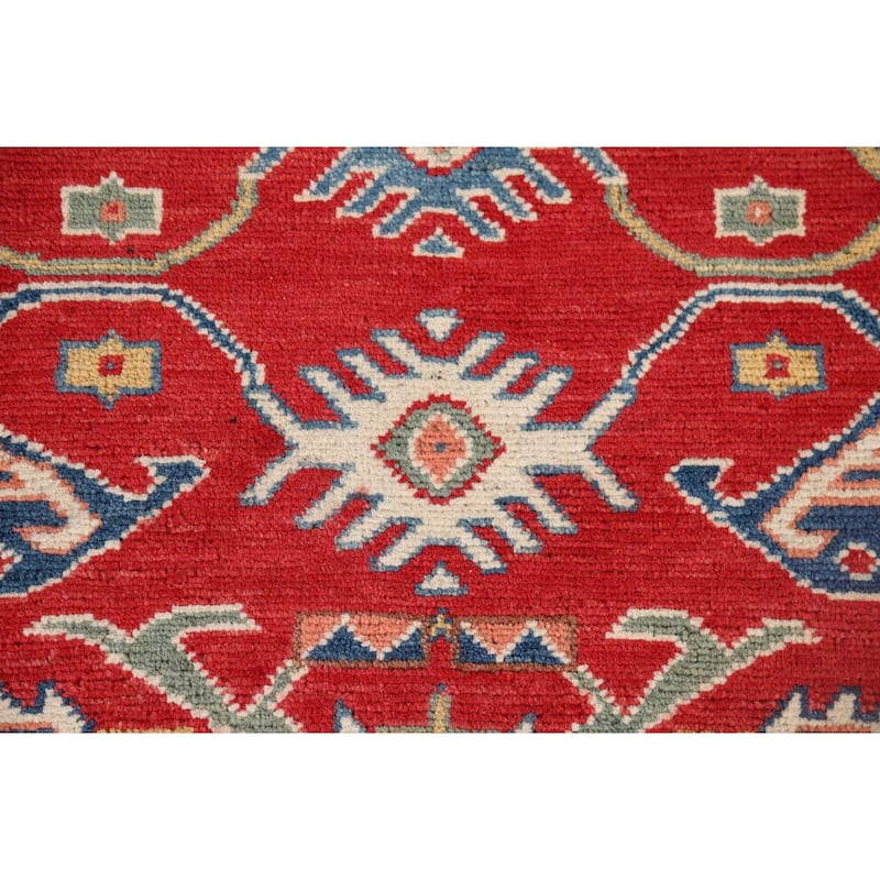 Red Geometric Kazak Oriental Runner Rug Handmade Wool Carpet - 2'7" x 9'8"