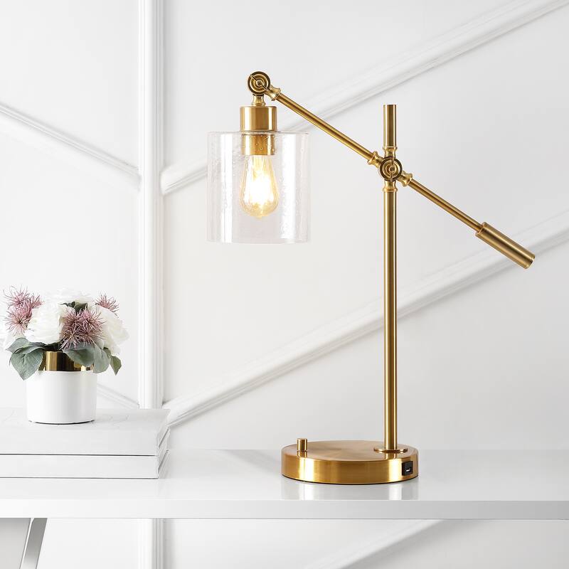 Jason Classic 23" Iron/Seeded Glass Adjustable Head Modern USB Charging LED Task Lamp, Brass Gold by JONATHAN Y - 1 Bulb