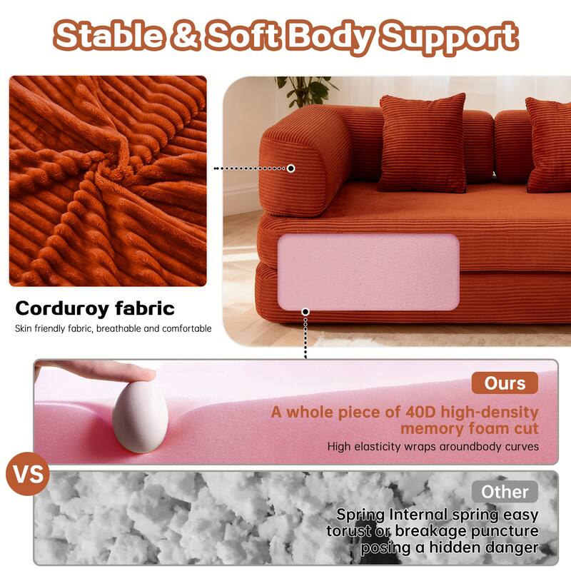 Convertible Floor Sofa Bed, 5-in-1 Modular Compressed Couch with Blanket Pillow, Corduroy Foam Sleeper