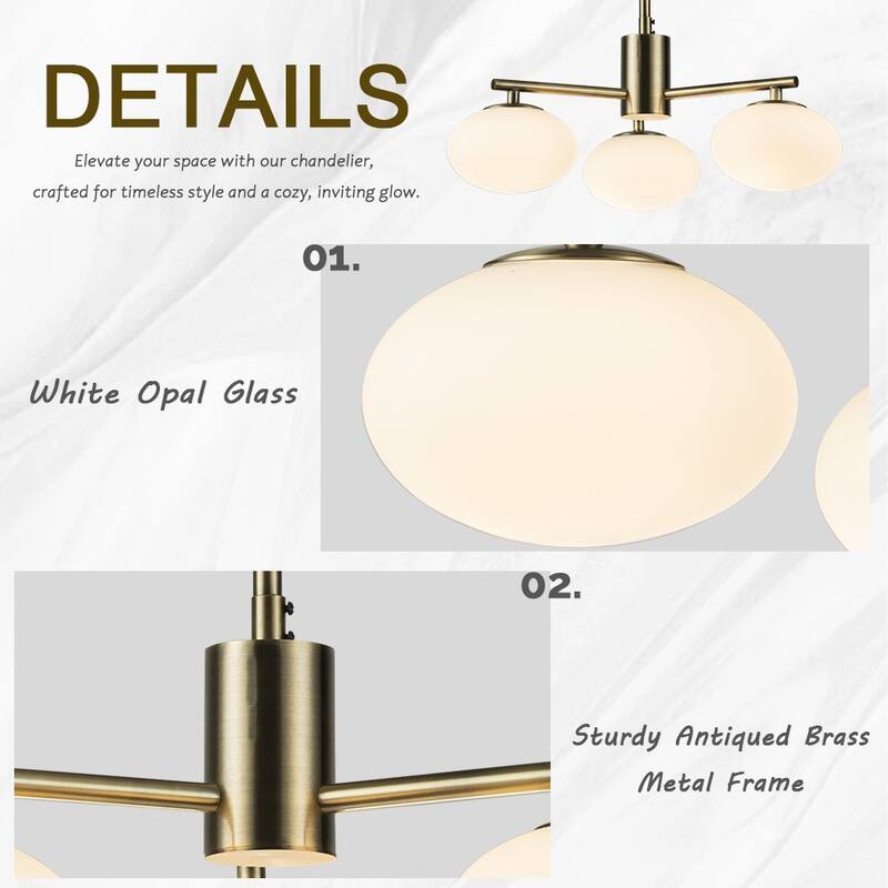 3-Light 20'' Mid Century Modern Opal Glass Chandelier Classic Globe Pendant Light For Dining Room Living Room - W20''