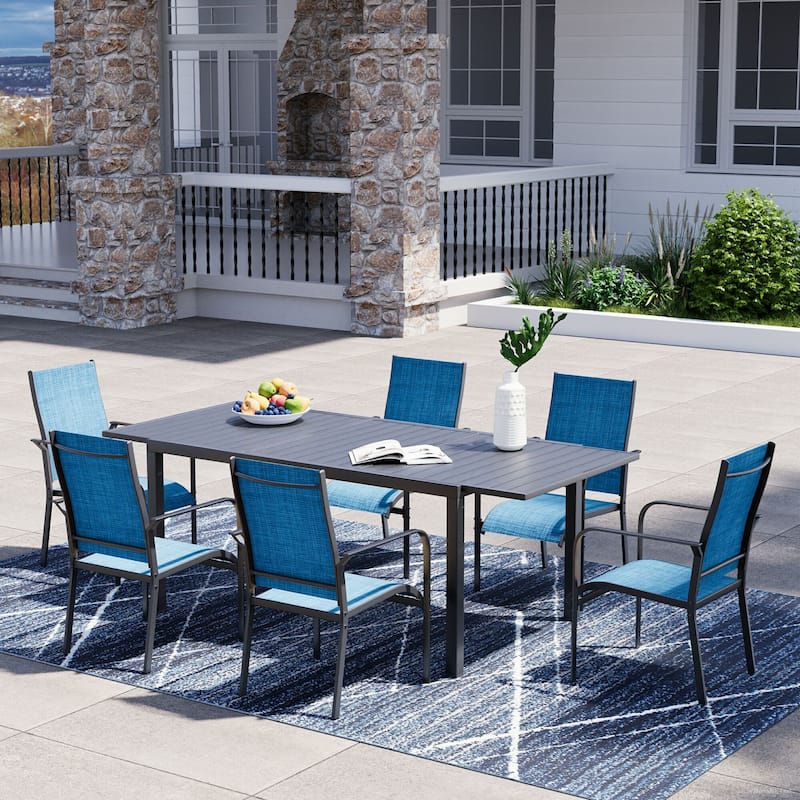 Patio Dining Set with Textilene Chairs / Swivel Rockers, Table w Adjustable Umbrella Hole